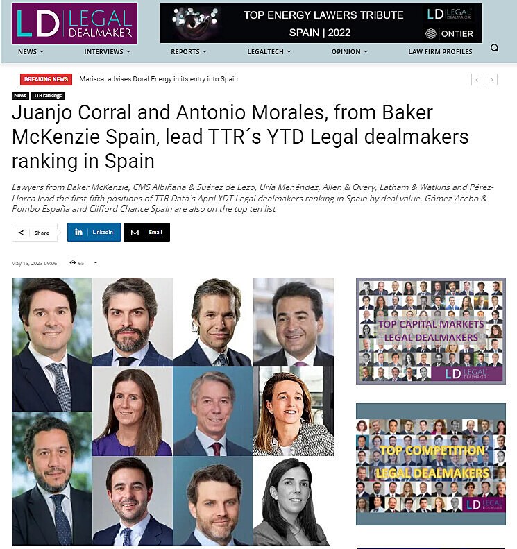 Juanjo Corral and Antonio Morales, from Baker McKenzie Spain, lead TTR's YTD Legal dealmakers ranking in Spain